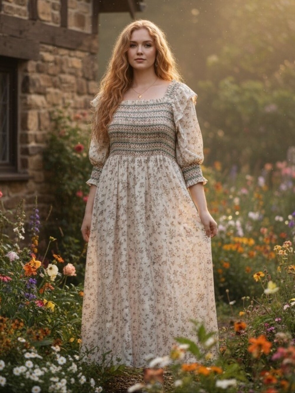 Rare JessaKae 100% Cotton Cream Floral Harvest Smocked Maxi Dress